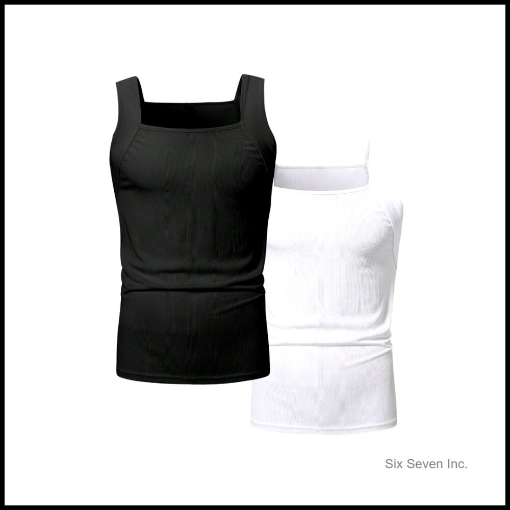 Men's Ribbed Tank Top Square Neck Basic Solid Sum… - image 1